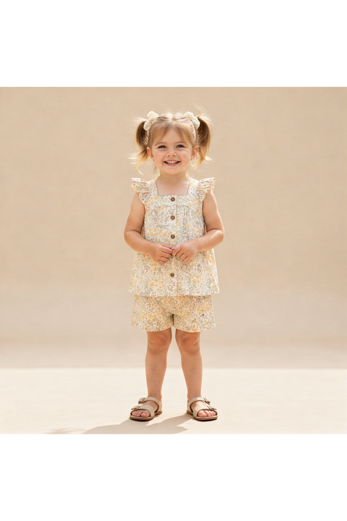 A smiling young girl wearing a floral, organic cotton flutter top and matching shorts stands against a neutral backdrop.