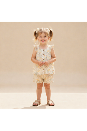 A smiling young girl wearing a floral, organic cotton flutter top and matching shorts stands against a neutral backdrop.