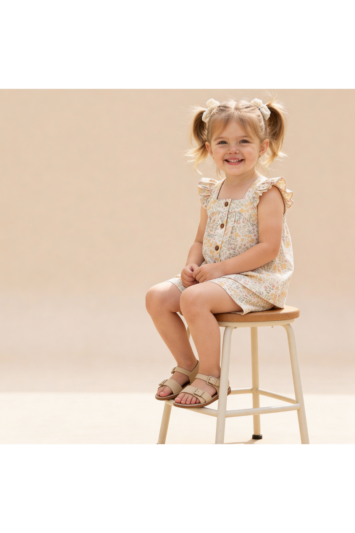 A smiling young girl sits on a stool, wearing a floral-patterned organic cotton outfit with ruffled sleeves. The soft, neutral background complements her cheerful summer look.