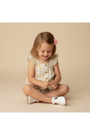 A young girl sits on the floor, wearing a floral flutter top and shorts set made from organic cotton. She smiles while playing, showcasing a cheerful summer vibe.