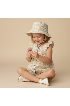 A young girl sits on a neutral background, wearing a floral-patterned dress and a wide-brimmed bucket hat. She holds a pink flower, showcasing a playful and cheerful outdoor vibe.