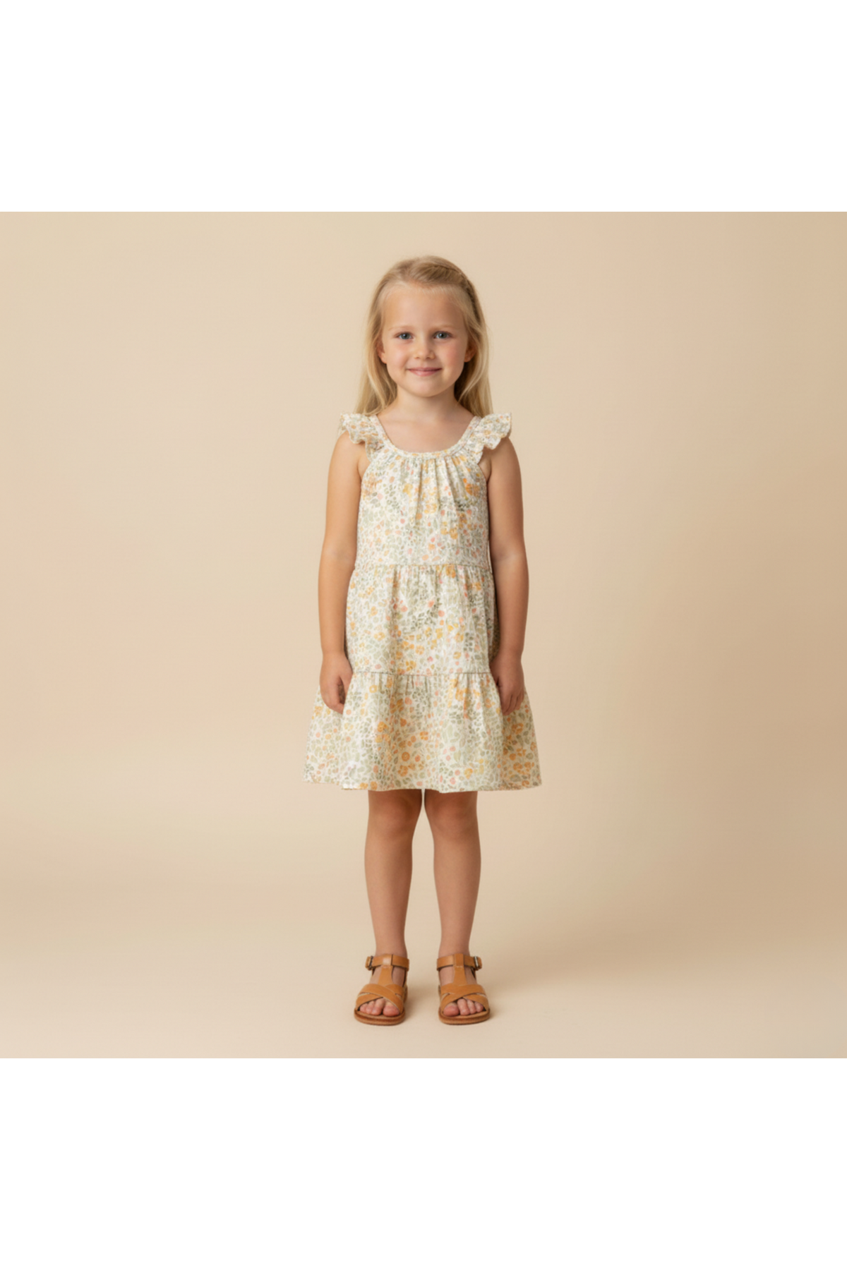 A young girl models a floral organic cotton dress with ruffle straps and a tiered design, set against a neutral background.