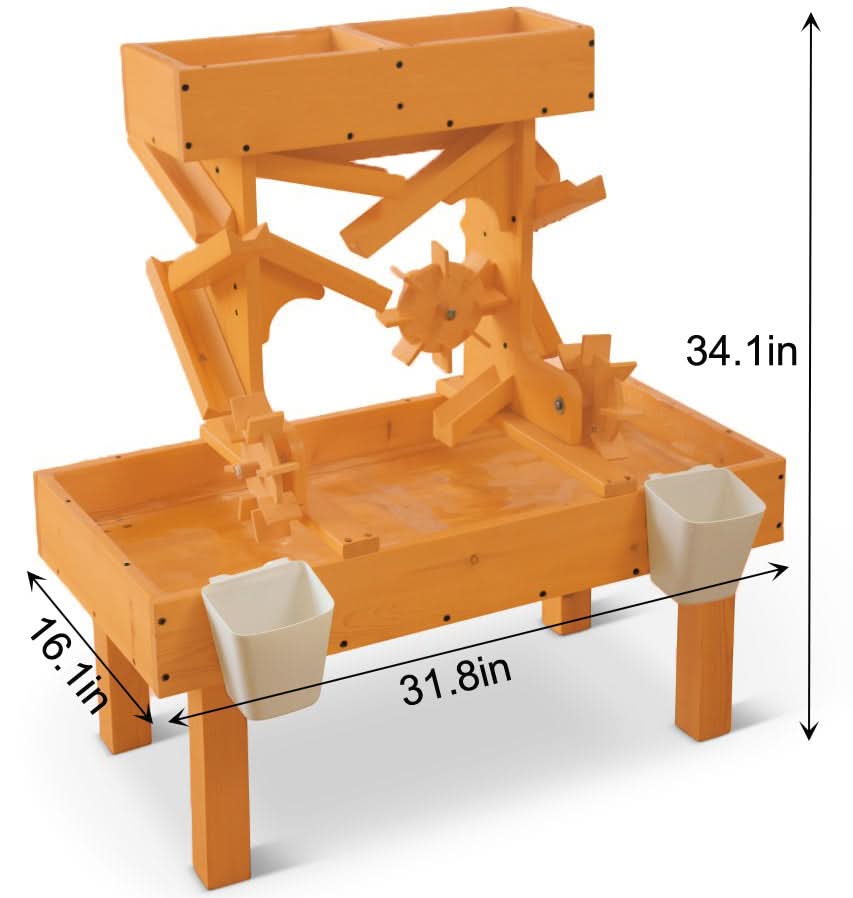 Bright orange outdoor wooden water table features gears and channels for sensory play, measuring 34.1 inches tall and 31.8 inches wide. Ideal for toddlers and kids to explore water movement.