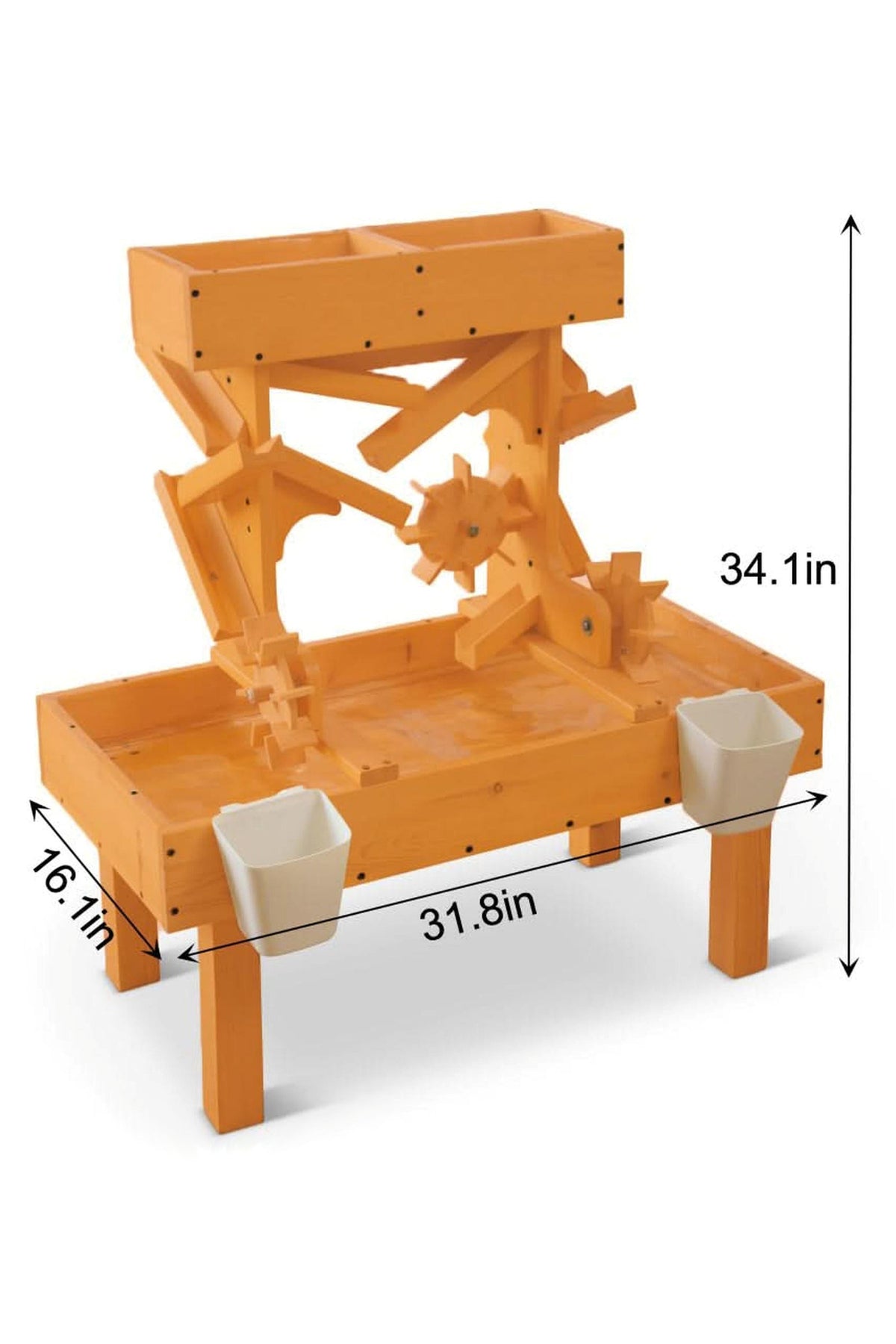Bright orange outdoor wooden water table features gears and channels for sensory play. Designed for toddlers, it encourages exploration and learning through interactive water movement activities.