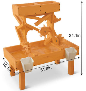 Bright orange outdoor wooden water table features gears and channels for sensory play, measuring 34.1 inches tall and 31.8 inches wide. Ideal for toddlers and kids to explore water movement.
