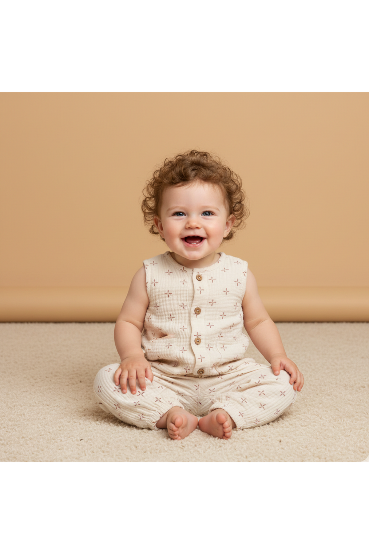 A smiling baby sits on a light-colored carpet, wearing a beige organic cotton jumpsuit with delicate cross patterns and wooden buttons, showcasing a relaxed, playful style.