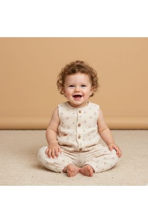A smiling baby sits on a light-colored carpet, wearing a beige organic cotton jumpsuit with delicate cross patterns and wooden buttons, showcasing a relaxed, playful style.