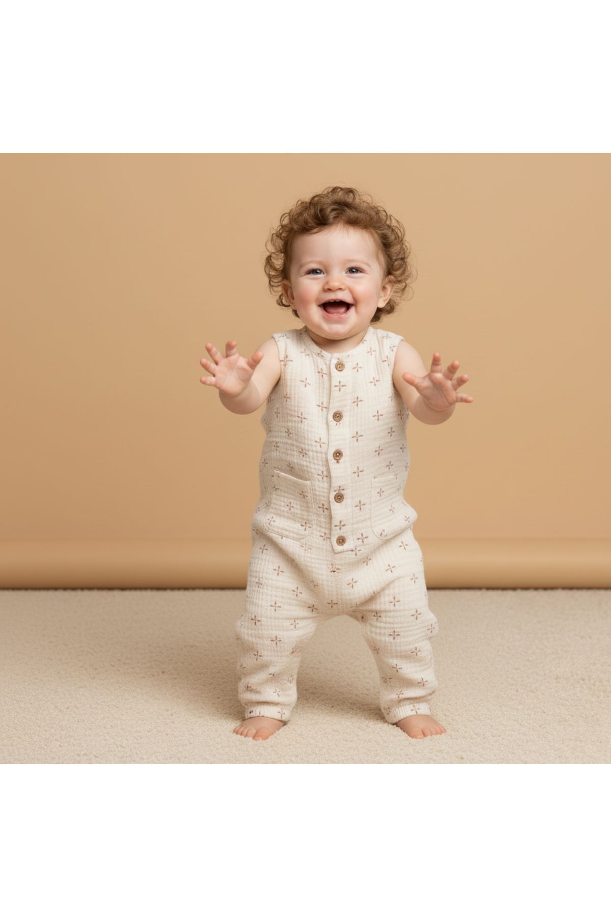 A joyful toddler wearing a cream organic cotton jumpsuit with wooden buttons stands on a soft carpet. The jumpsuit features a relaxed fit and a subtle pattern, perfect for playtime.