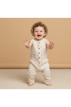 A joyful toddler wearing a cream organic cotton jumpsuit with wooden buttons stands on a soft carpet. The jumpsuit features a relaxed fit and a subtle pattern, perfect for playtime.