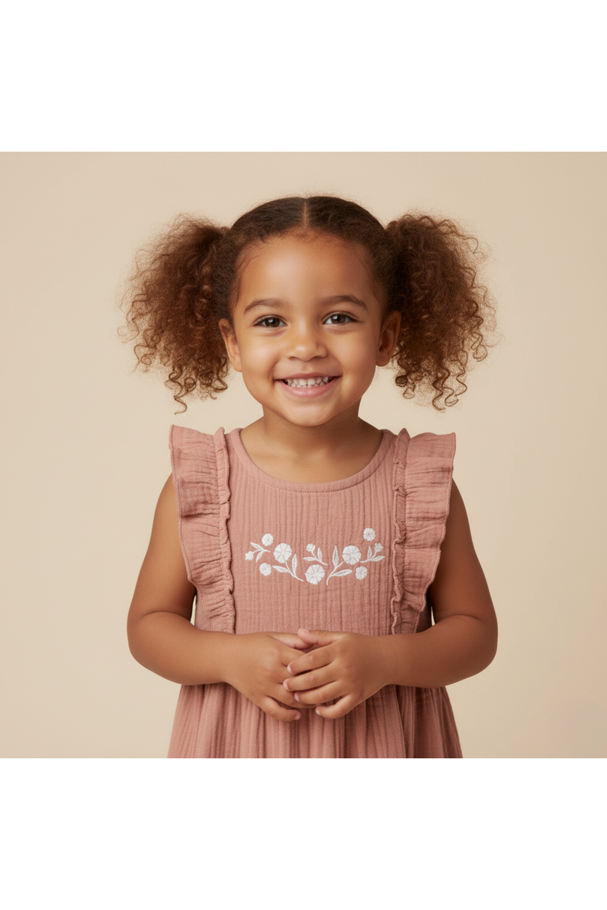A smiling girl with curly hair wears a clay-colored, organic cotton dress featuring delicate white embroidery and ruffled straps. The soft muslin fabric creates a charming, floaty silhouette.