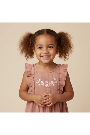 A smiling girl with curly hair wears a clay-colored, organic cotton dress featuring delicate white embroidery and ruffled straps. The soft muslin fabric creates a charming, floaty silhouette.