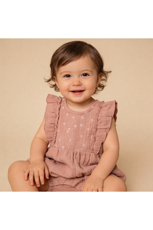 A smiling toddler sits on a beige background, wearing a clay-colored organic cotton romper with delicate ruffles and floral embroidery, perfect for warm-weather play.