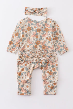 Abby's retro beige floral ruffle bamboo romper set - Baby Essentials