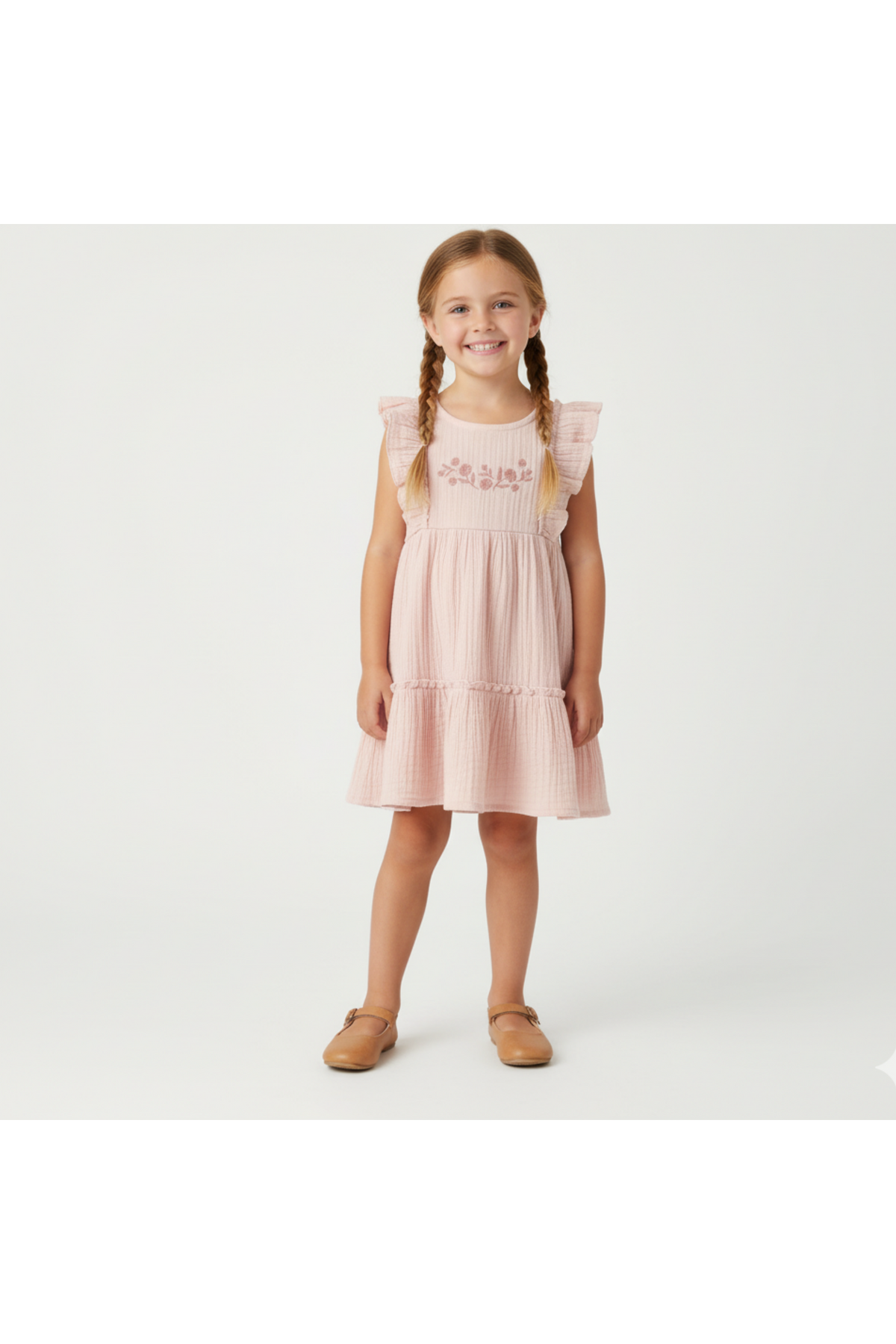A smiling girl stands in a blush pink organic cotton dress with tiered layers and delicate embroidery. The dress features ruffled sleeves and is styled for a cheerful, sunny-day look.