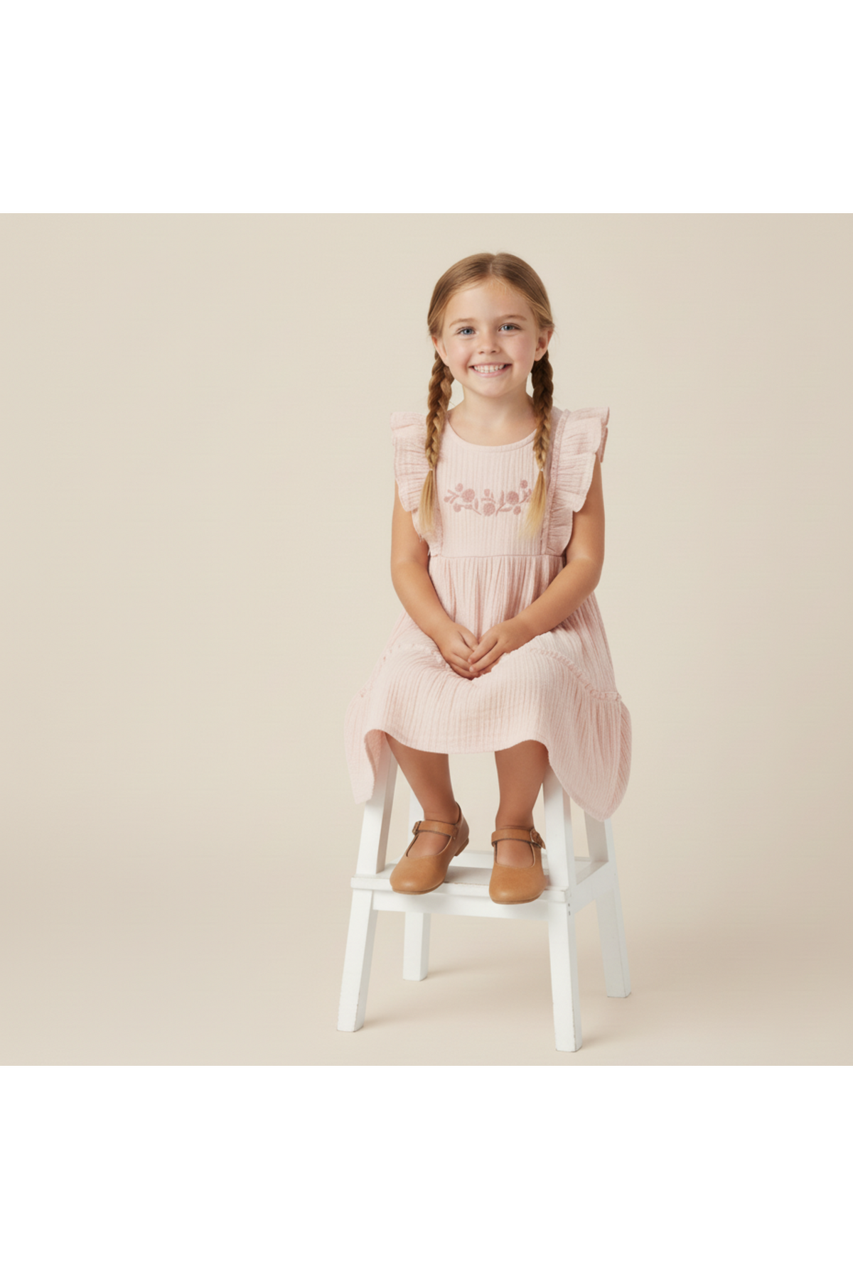 A young girl sits on a white stool, wearing a blush-colored, tiered dress with embroidered details. The dress features soft cotton fabric and ruffled sleeves, perfect for sunny-day adventures.
