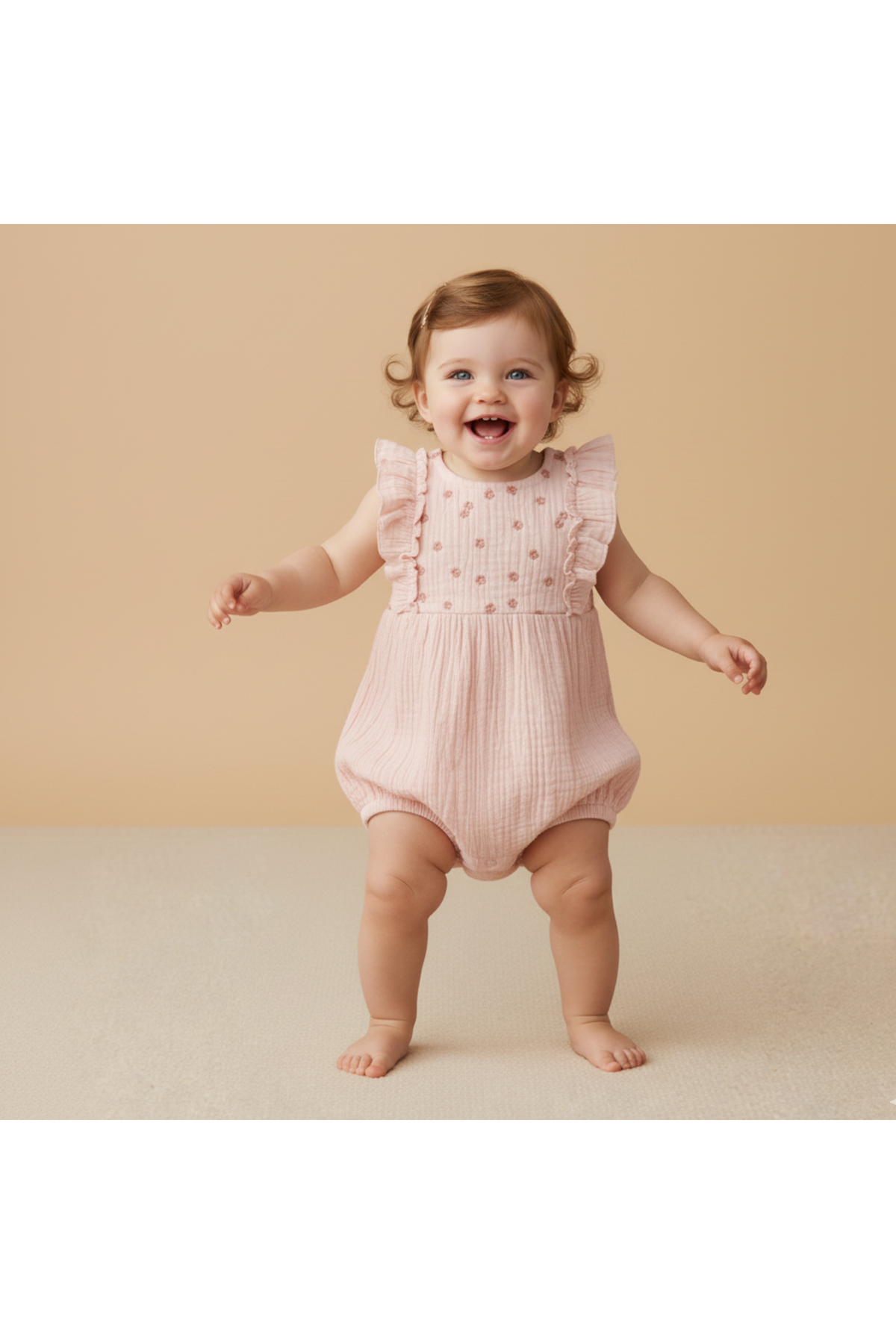 A smiling baby in a blush organic cotton romper with ruffle accents and delicate embroidery stands on a soft, neutral background. The romper is lightweight and perfect for warm weather.