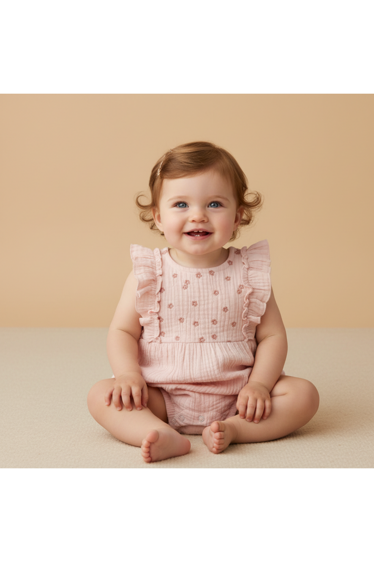 A smiling baby sits on a soft, neutral surface, wearing a blush organic cotton romper with ruffle accents and delicate embroidery. The romper is lightweight and perfect for warm weather.