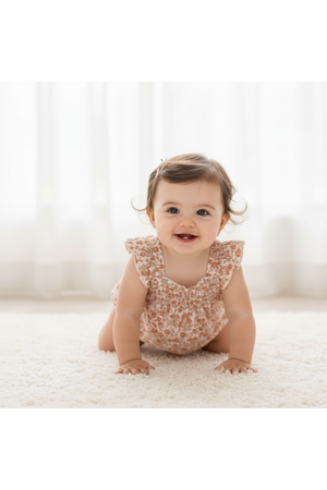 A smiling baby crawls on a soft, light-colored rug, wearing a floral-patterned bubble romper with ruffle sleeves. The airy, bright setting features sheer curtains, enhancing the cheerful atmosphere.