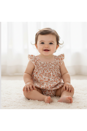 A smiling baby sits on a soft, light-colored rug, wearing a sleeveless organic cotton romper with a floral pattern and ruffled sleeves, perfect for warm weather play.