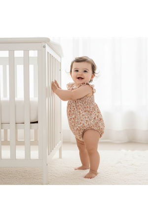 A smiling baby stands next to a white crib, wearing a soft, floral-patterned organic bubble romper in warm tones. The bright, airy room features natural light filtering through sheer curtains.