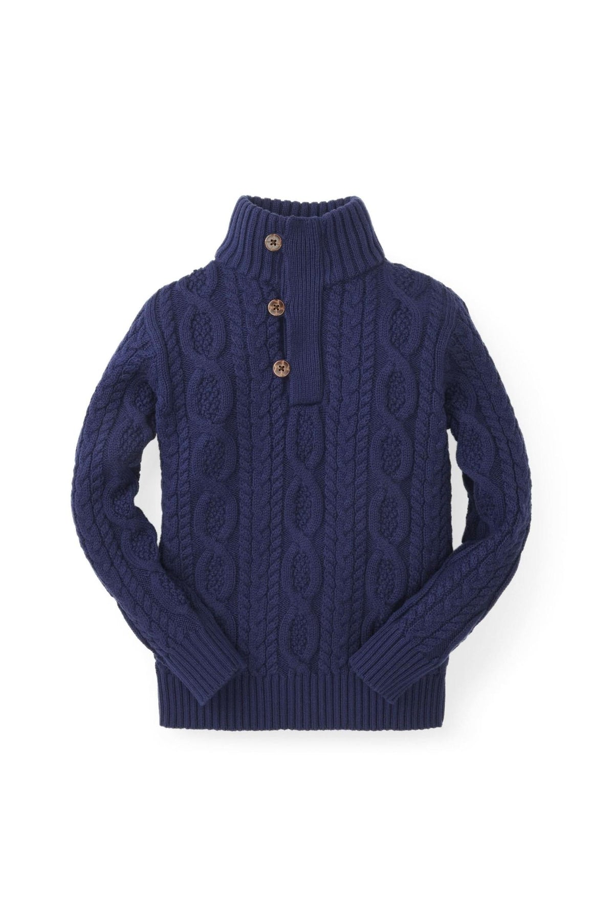 Navy blue mock neck cable sweater made from 100% organic cotton, featuring faux leather buttons and ribbed cuffs.