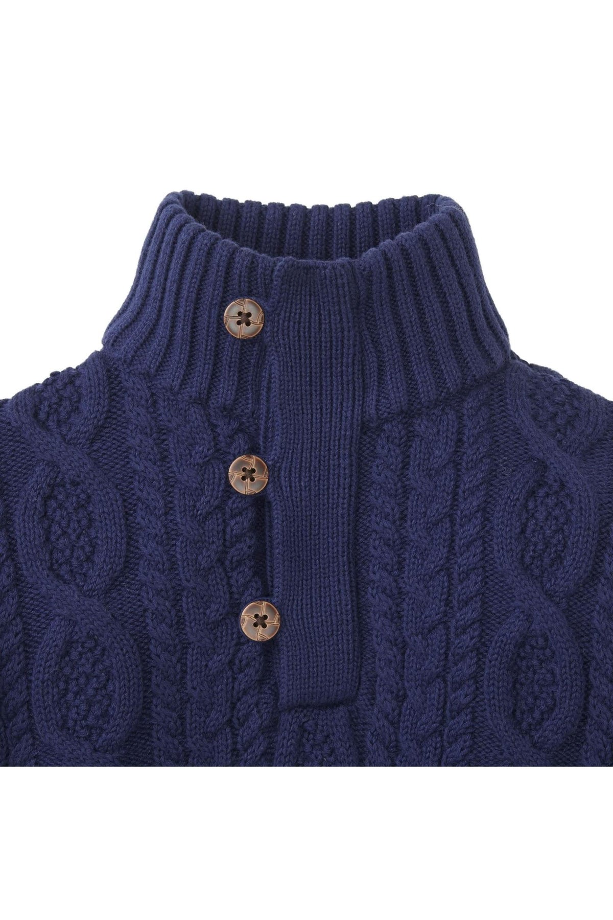 Navy blue organic cotton mock neck sweater featuring a cable knit design and faux leather buttons. Ideal for baby boys.