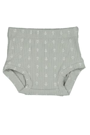 Light green cotton baby bloomers featuring a subtle anchor print, designed with an elastic waistband for comfort. Ideal for warm days, these bloomers are soft and breathable for little ones.