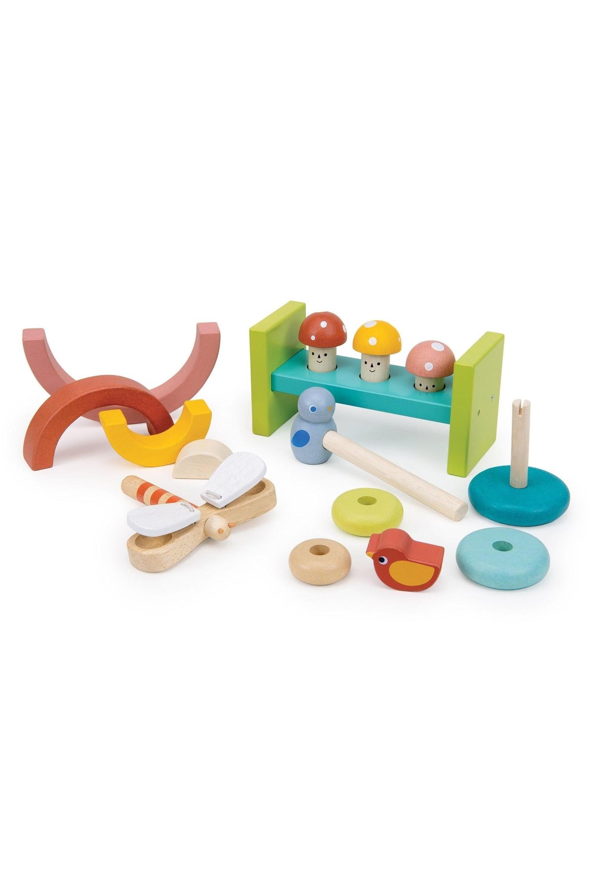 The image shows a colorful wooden toy set with stacking components, mushrooms, a bird, and a dragonfly.