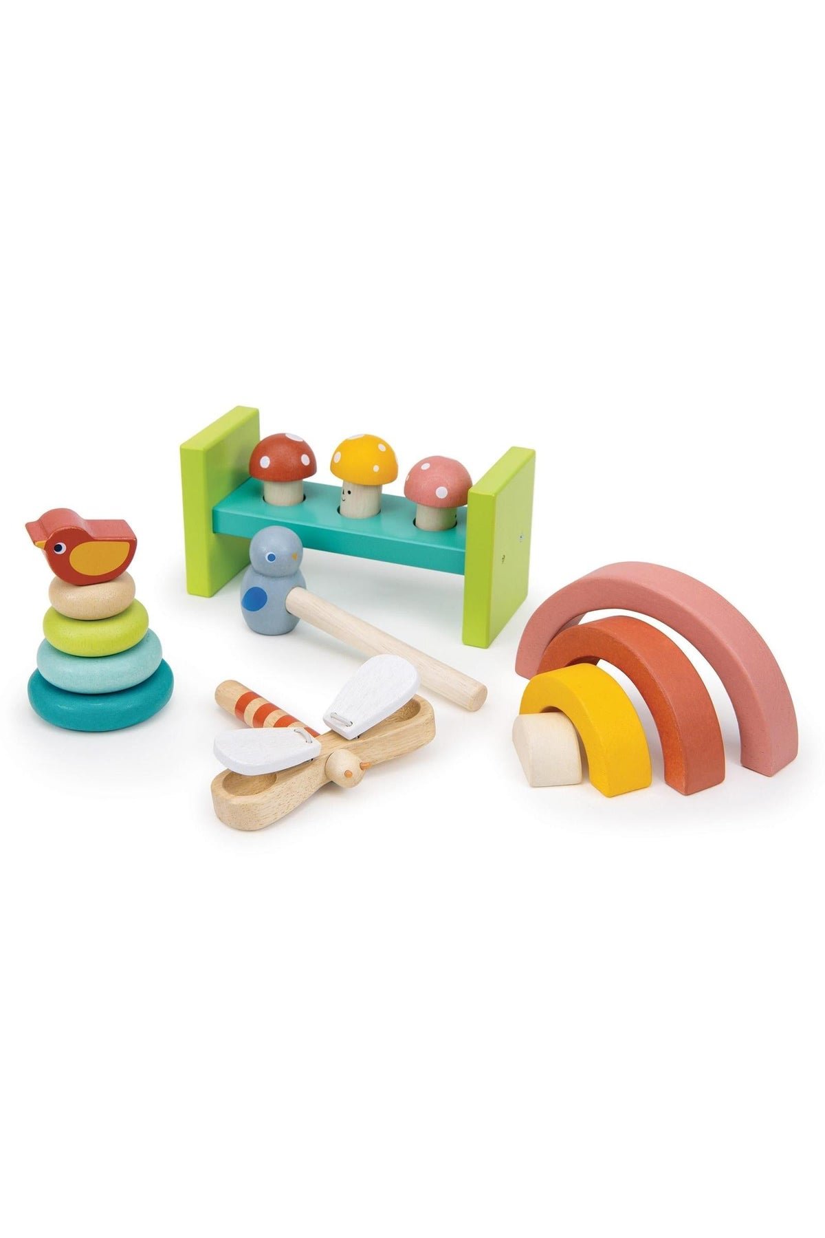 Colorful wooden toys include a stacking tree, mushrooms, and rainbow arches, designed for toddlers play and learning.