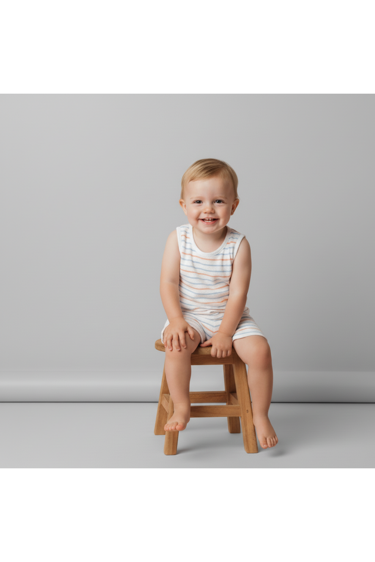 A smiling toddler sits on a wooden stool, wearing a sleeveless, striped organic cotton outfit. The soft, light colors and relaxed fit highlight the comfortable design for playful days.
