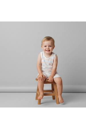 A smiling toddler sits on a wooden stool, wearing a sleeveless, striped organic cotton outfit. The soft, light colors and relaxed fit highlight the comfortable design for playful days.