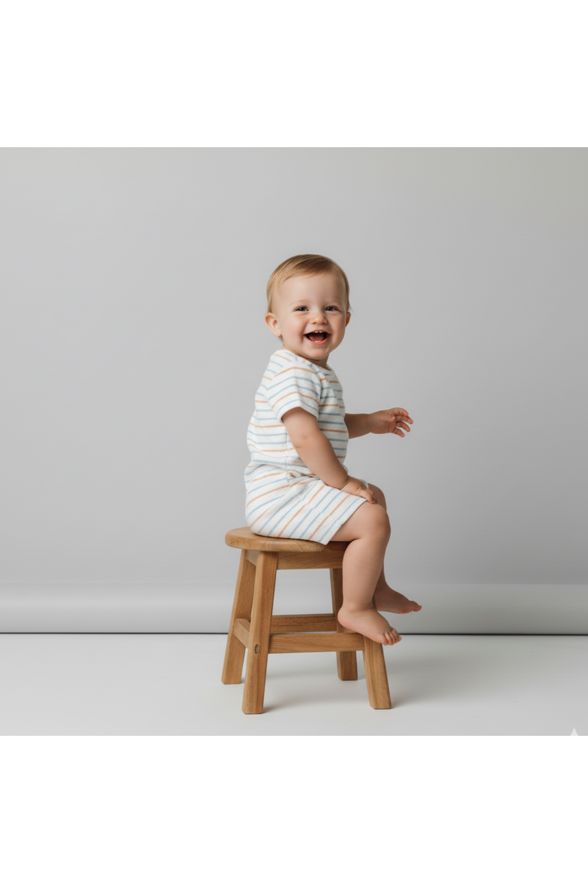 A smiling baby sits on a wooden stool, wearing a striped organic cotton romper. The soft fabric and playful design are perfect for warm weather and comfortable play.