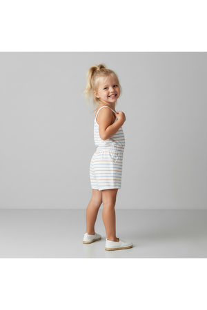 A young child smiles while wearing a light blue and white striped tank romper. The comfortable, breathable fabric is ideal for warm weather, showcasing playful style and ease of movement.