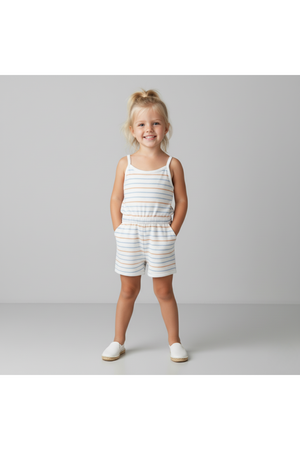 A young girl stands smiling in a soft, breathable tank romper featuring light blue and white stripes. The organic cotton fabric is perfect for warm-weather play and comfort.