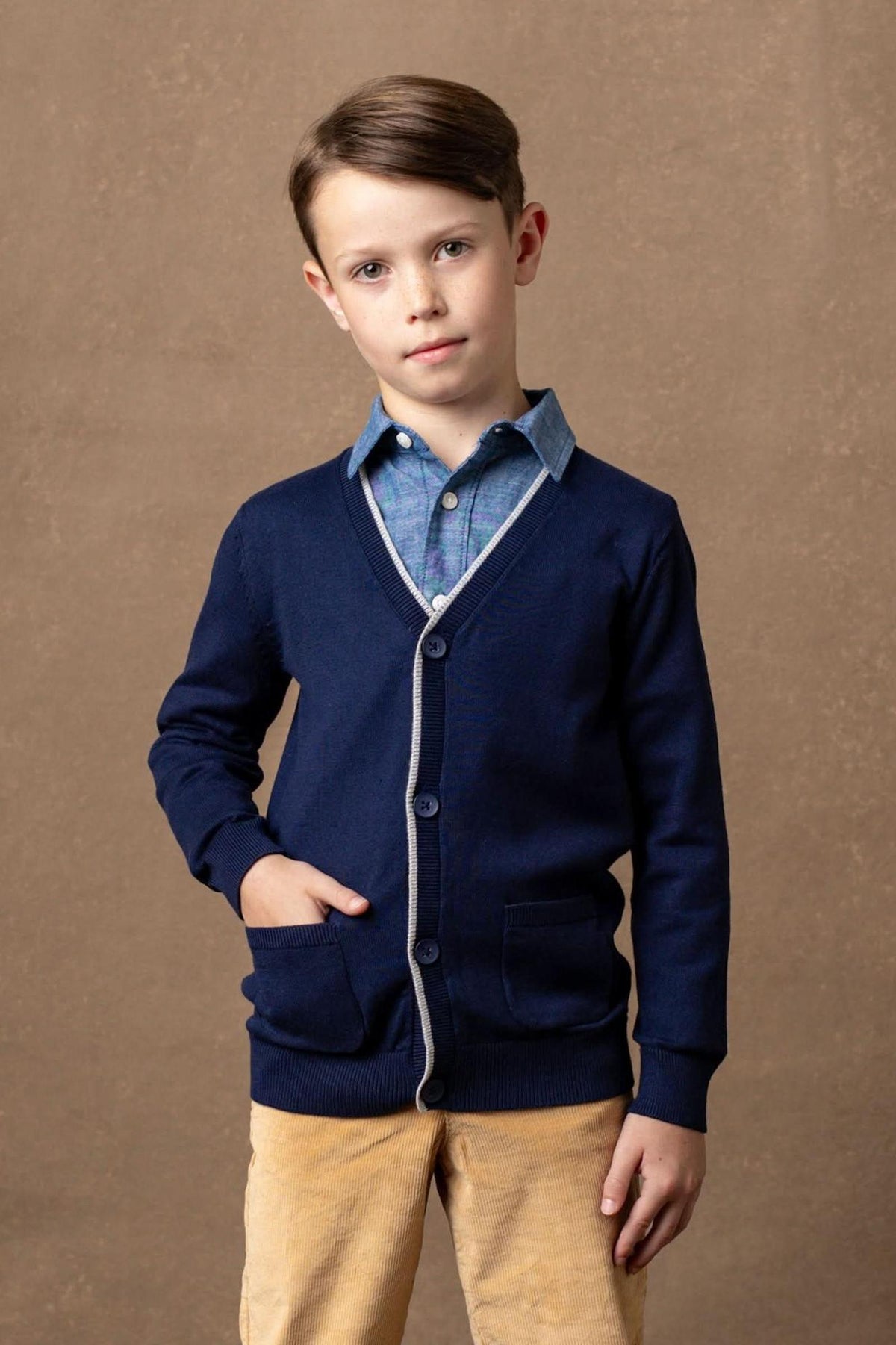 Hope & Henry Tipped Organic Cotton Cardigan with Elbow Patches