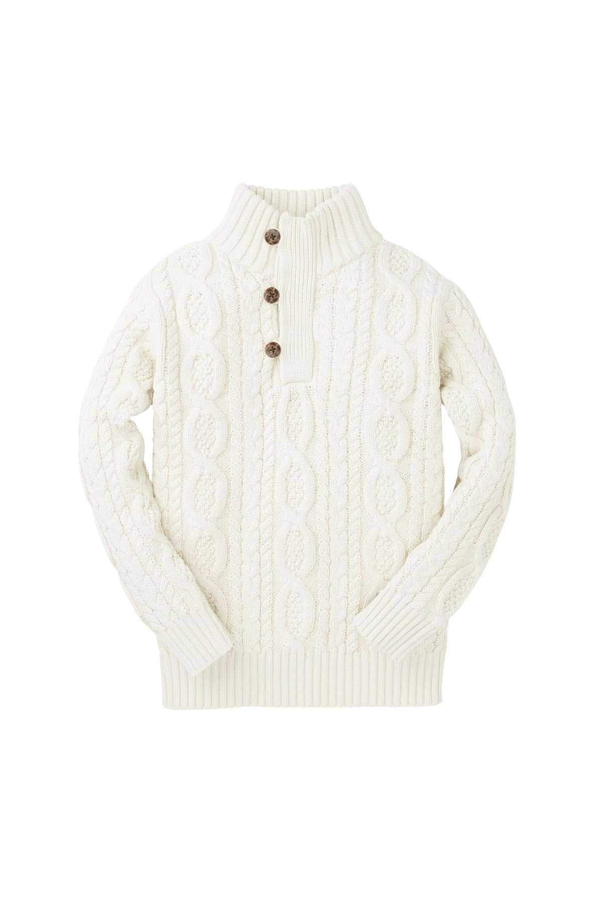White organic cotton cable knit mock neck sweater by Hope & Henry, featuring a classic design with three wooden buttons. Ideal for toddlers and kids, offering warmth and style.
