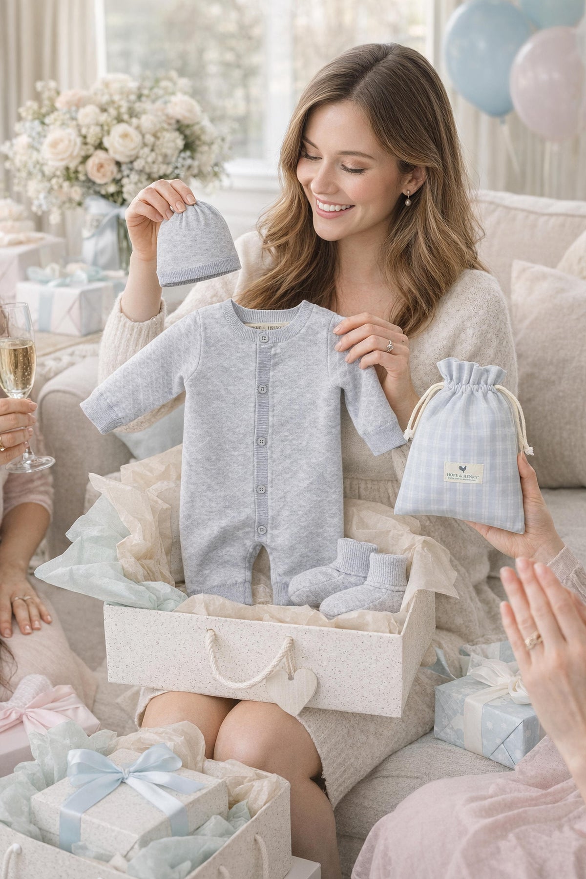 Young woman receiving baby shower gift of light gray jacquard knit romper set, featuring a matching beanie and booties, all made from soft organic cotton.