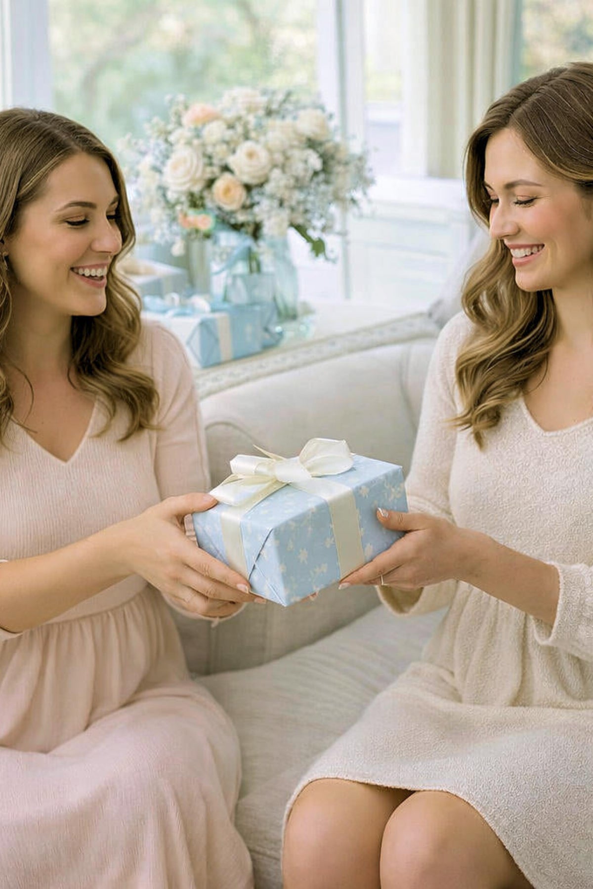 Two women sit on a light-colored sofa, smiling as one hands a blue gift box tied with a ribbon to the other. Soft natural light fills the cozy, inviting space.