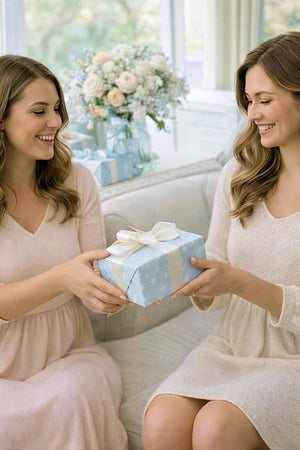 Two women sit on a light-colored sofa, smiling as one hands a blue gift box tied with a ribbon to the other. Soft natural light fills the cozy, inviting space.
