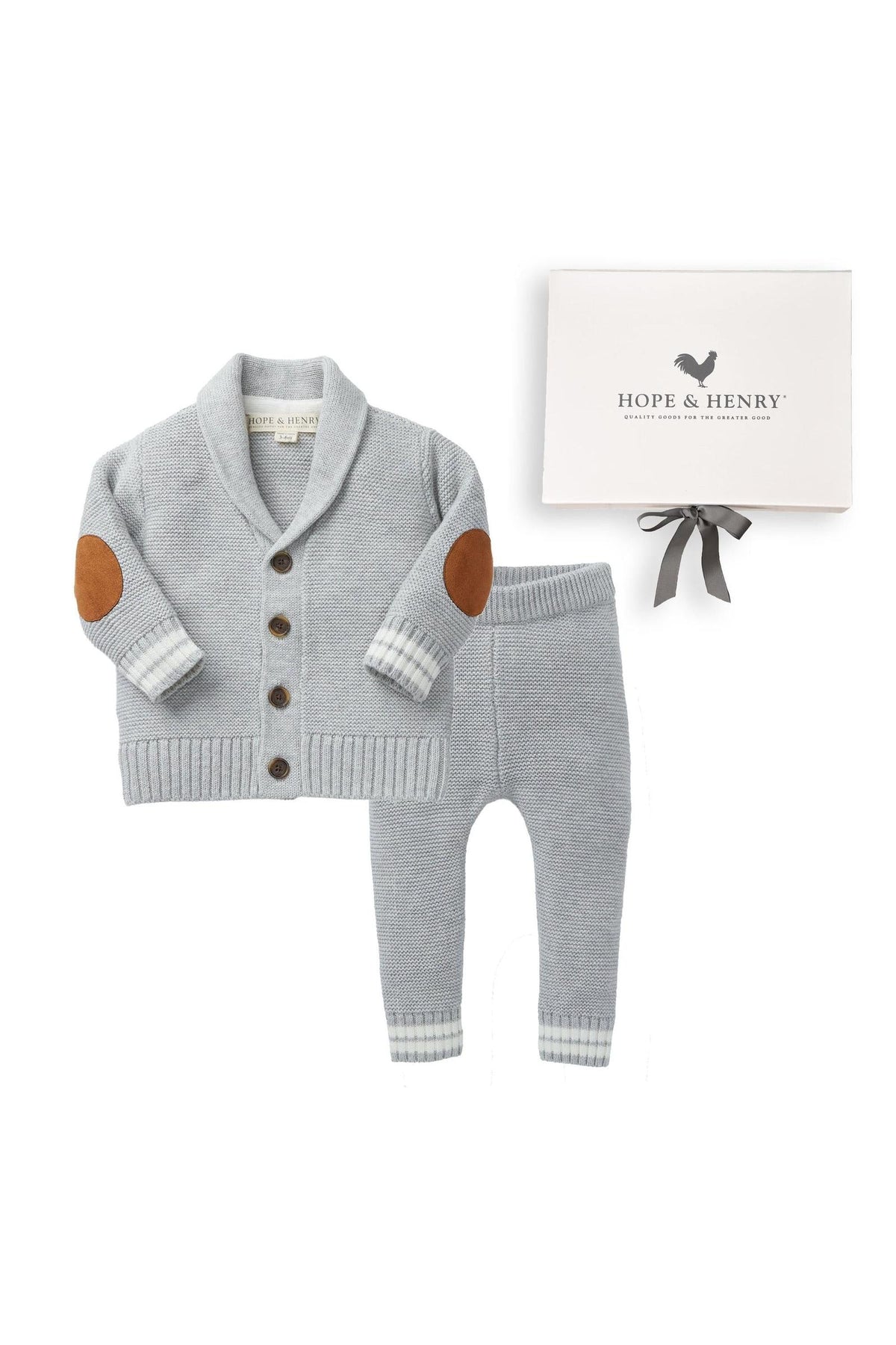 Gray heather cardigan and matching leggings set from Hope & Henry, made of soft organic cotton.