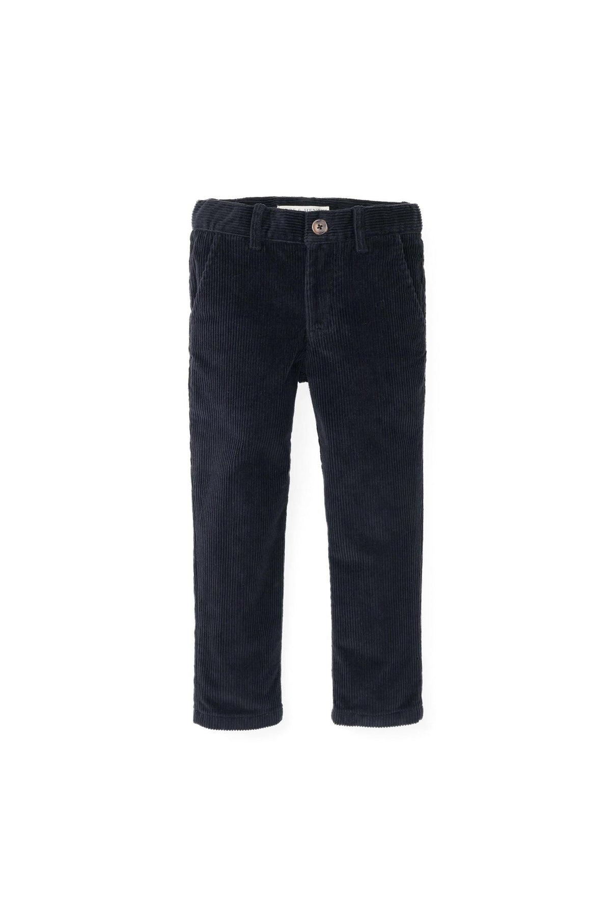 Black organic cotton stretch corduroy pants for toddlers, featuring a classic style and faux horn button details.
