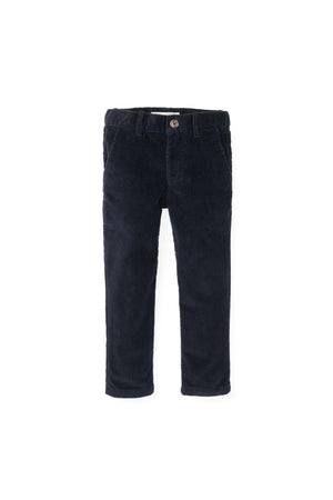 Black organic cotton stretch corduroy pants for toddlers, featuring a classic style and faux horn button details.