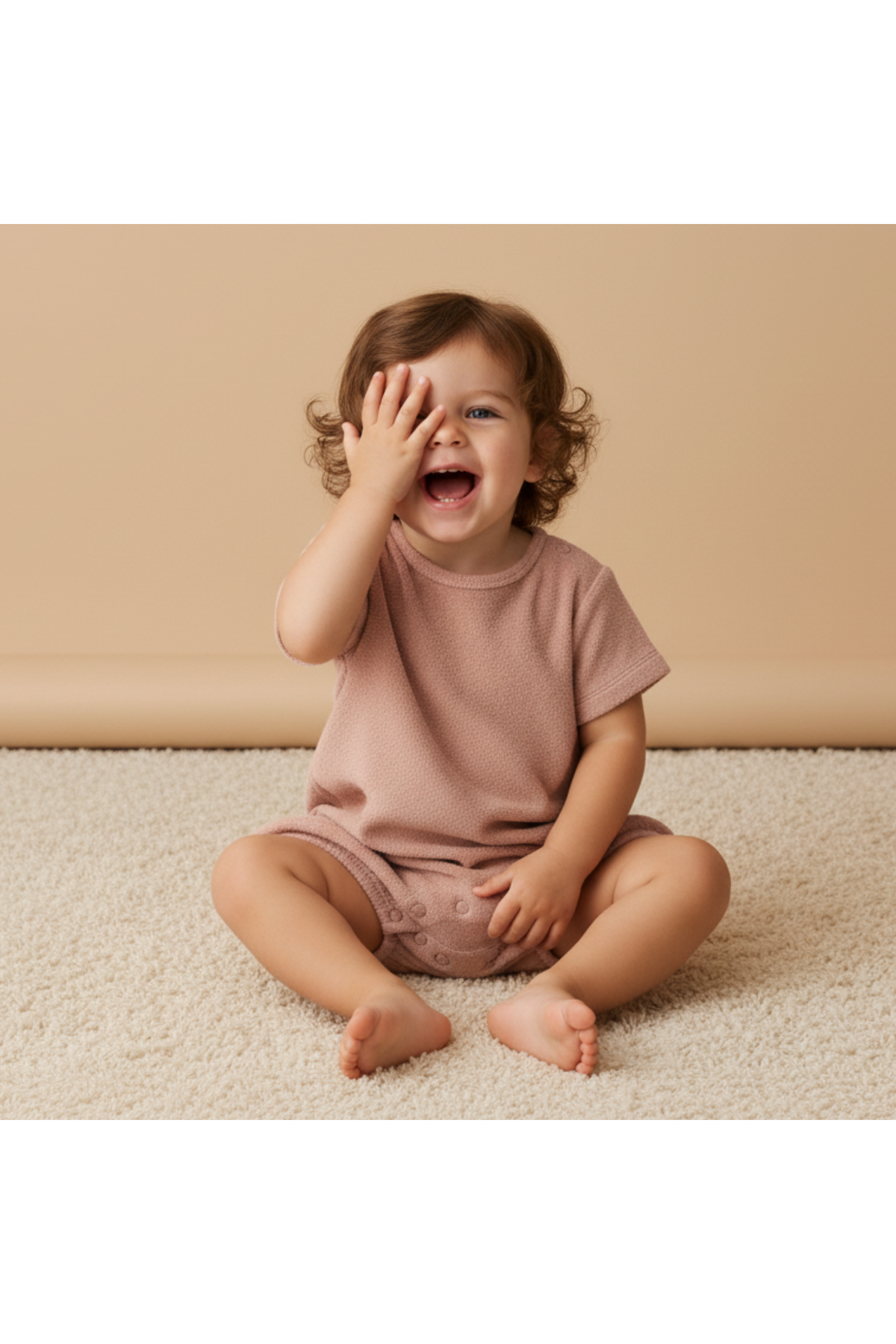 A joyful toddler sits on a soft, beige rug, wearing a clay-colored organic cotton short romper. The child smiles while playfully covering one eye, embodying a lighthearted moment.