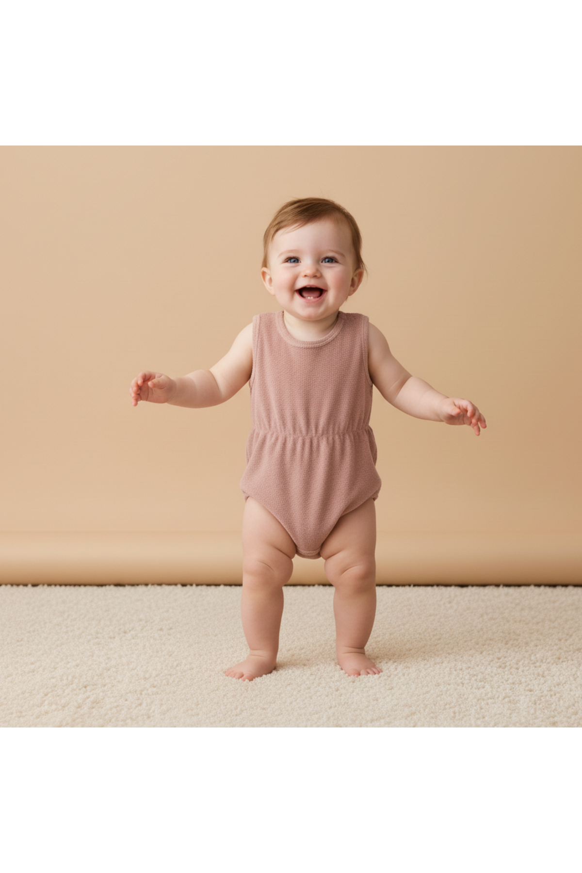 A smiling baby stands on a soft, light-colored rug, wearing an organic cotton clay-colored romper with a gathered waist. The warm background enhances the cheerful, playful atmosphere.
