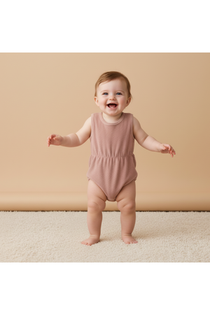 A smiling baby stands on a soft, light-colored rug, wearing an organic cotton clay-colored romper with a gathered waist. The warm background enhances the cheerful, playful atmosphere.