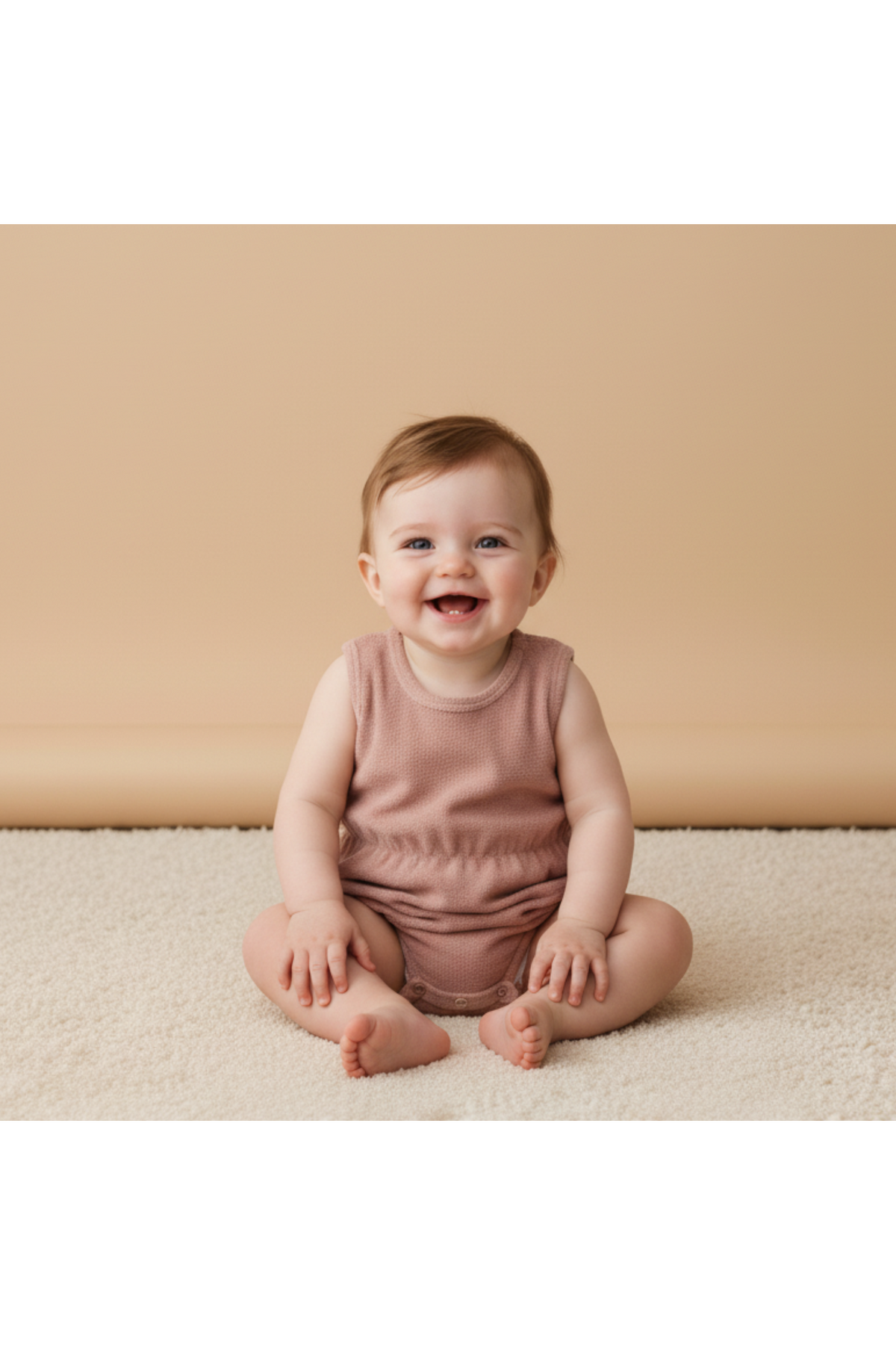 A smiling baby sits on a soft, light-colored surface, wearing a clay-colored romper with a gently gathered waist. The background is a warm, neutral tone, enhancing the cheerful atmosphere.