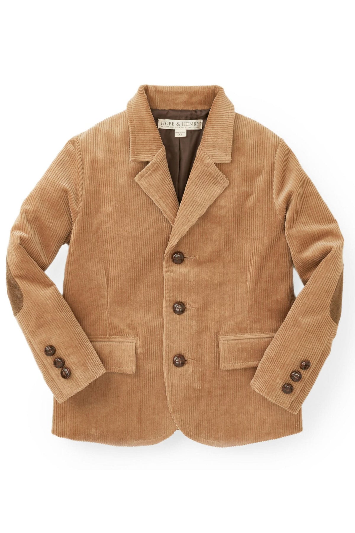 A medium brown corduroy blazer for boys by Hope & Henry, featuring button details and faux suede elbow patches.