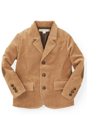 A medium brown corduroy blazer for boys by Hope & Henry, featuring button details and faux suede elbow patches.