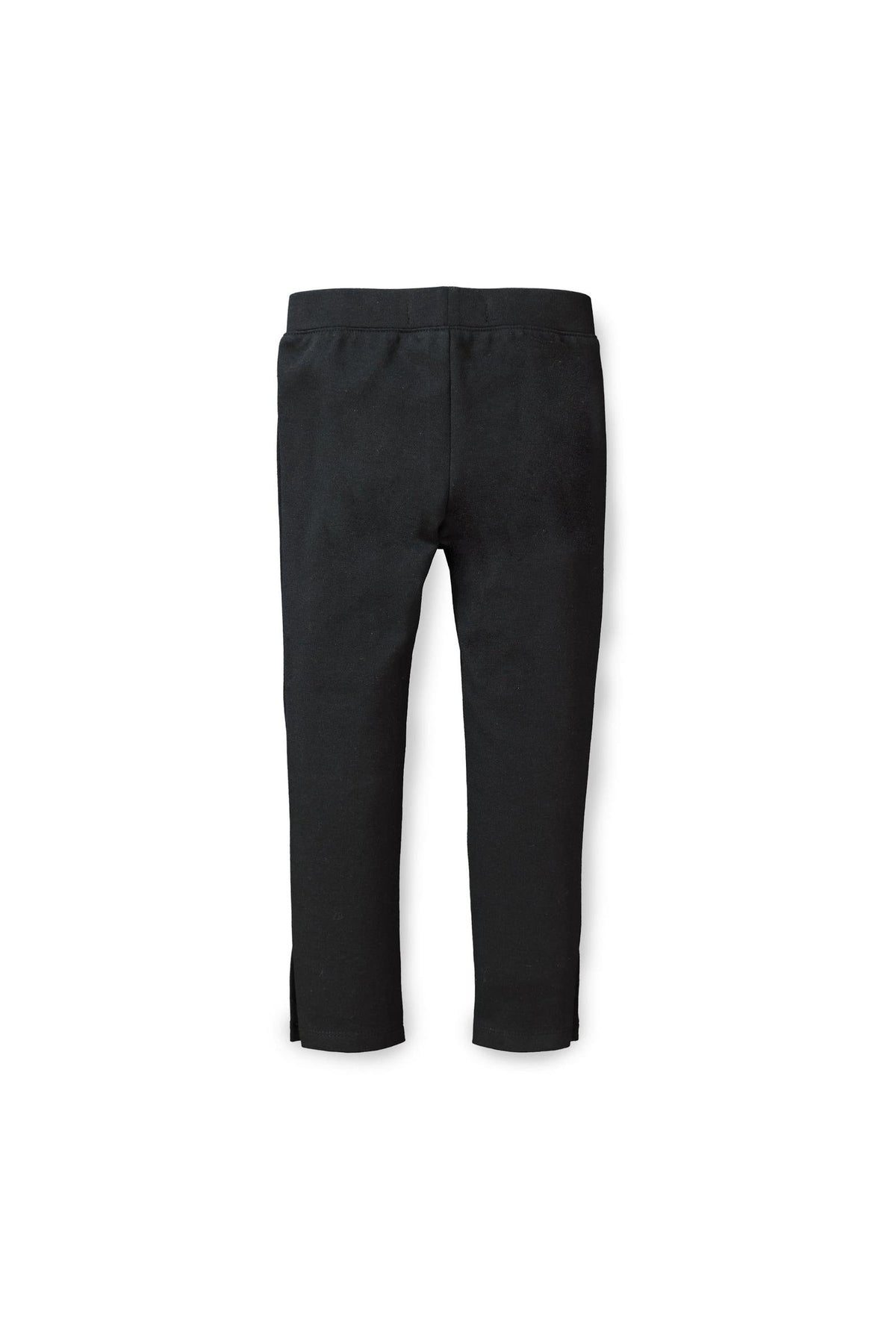 Back view of black ponte pants with button cuffs, made from organic cotton. Designed for toddlers and girls, these stylish pants offer a comfortable and flattering fit.