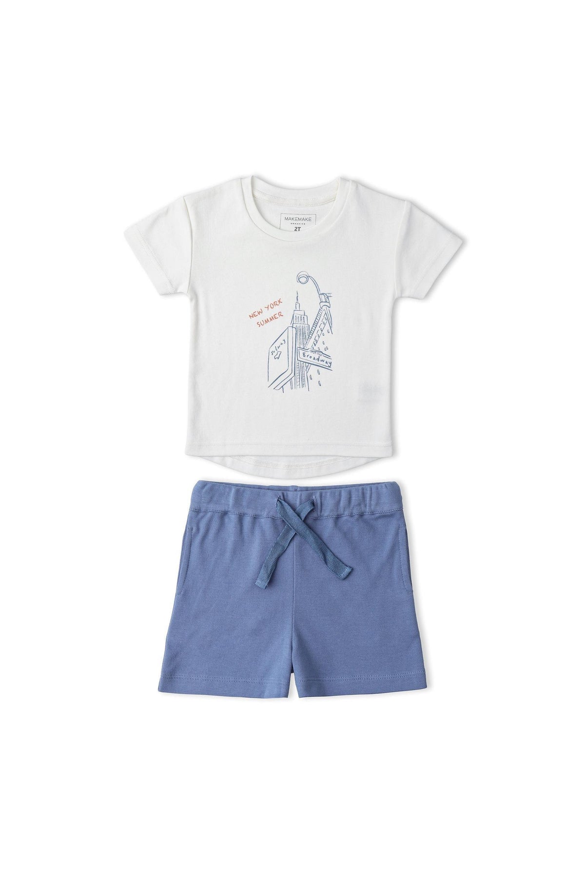 Organic cotton graphic tee and shorts set featuring a white shirt with a New York illustration and blue shorts, ideal for comfortable, stylish play for children.